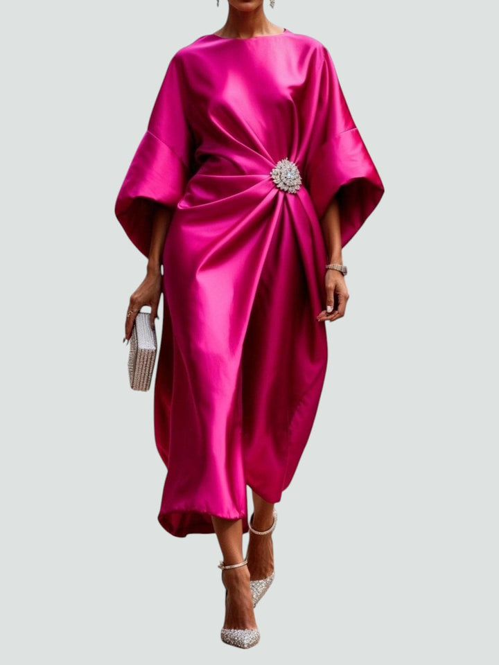 Stunning satin-look special occasion dress with an elegant drape, a must-have for women's evening fashion.