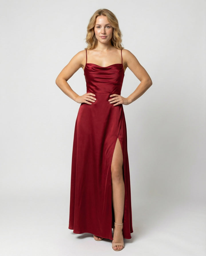 Elegant women's cowl neck maxi dress with side slit, perfect for formal events & special occasions.