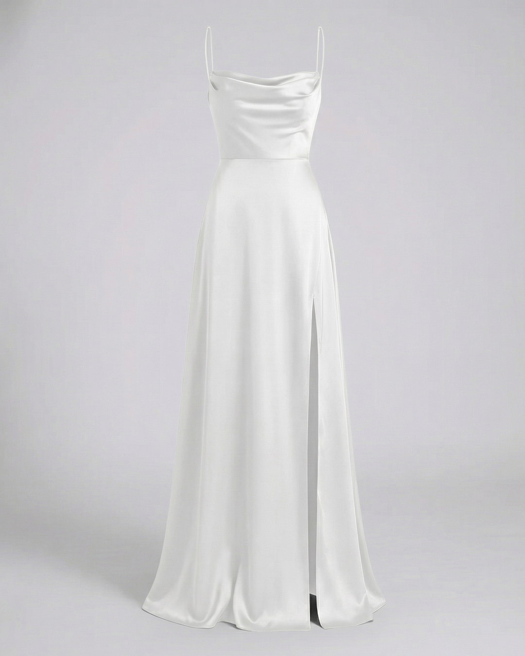 Modern women's event wear: a strappy cowl neck maxi dress with a chic side slit for formal parties.