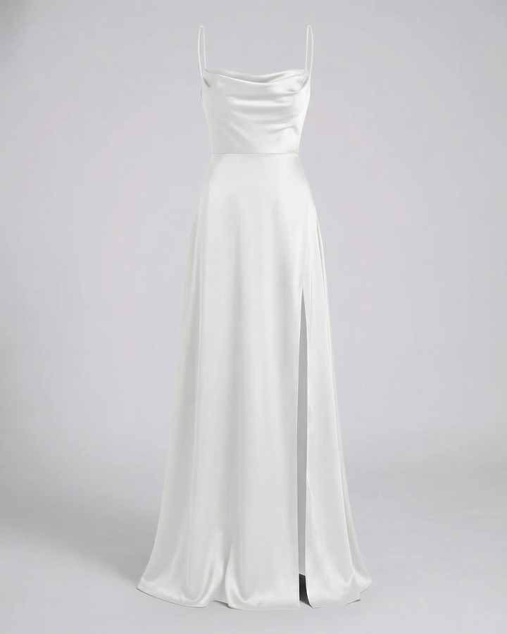Modern women's event wear: a strappy cowl neck maxi dress with a chic side slit for formal parties.