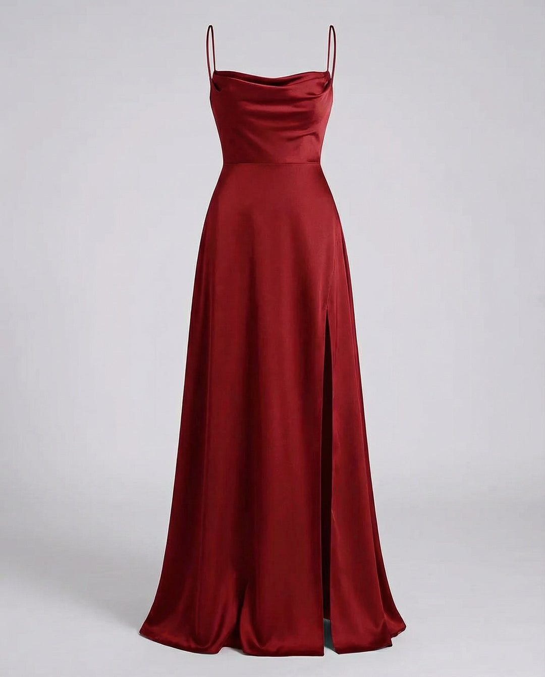 Beautiful women's cocktail dress, a long maxi style with a cowl neck and alluring side slit.