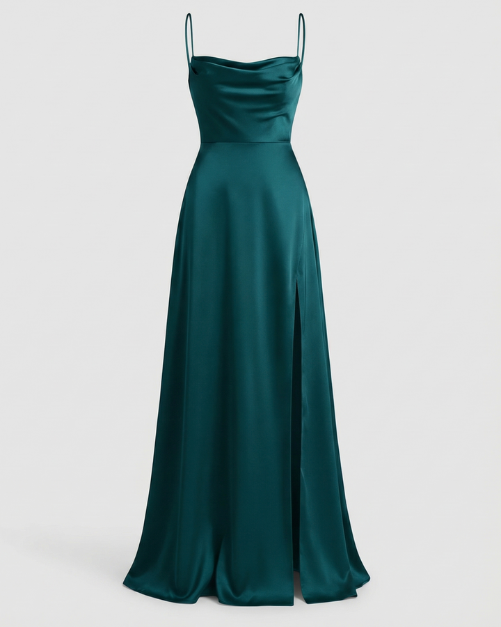 Chic women's party maxi dress, featuring a flattering cowl neck, thin straps, and graceful side slit.