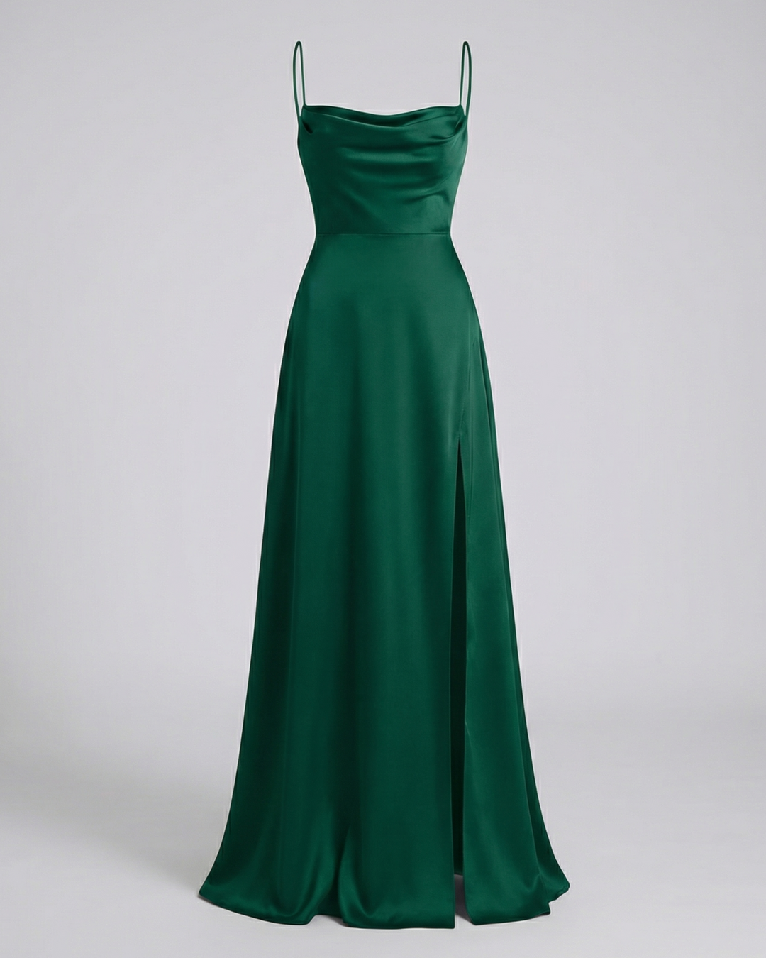 Women's formal wear: a stunning cowl neck maxi dress with elegant straps & a captivating side slit.