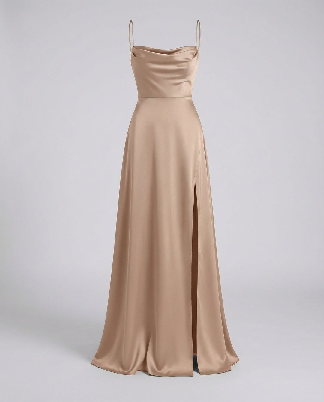 Women's elegant long cocktail dress, a maxi style with a flattering cowl neck & tasteful side slit.