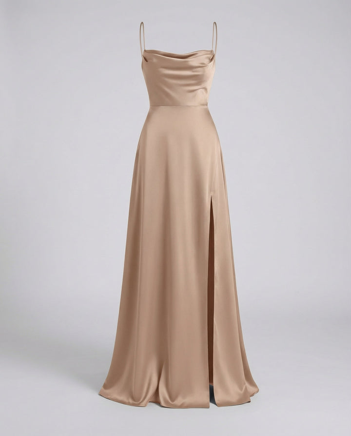 Women's elegant long cocktail dress, a maxi style with a flattering cowl neck & tasteful side slit.