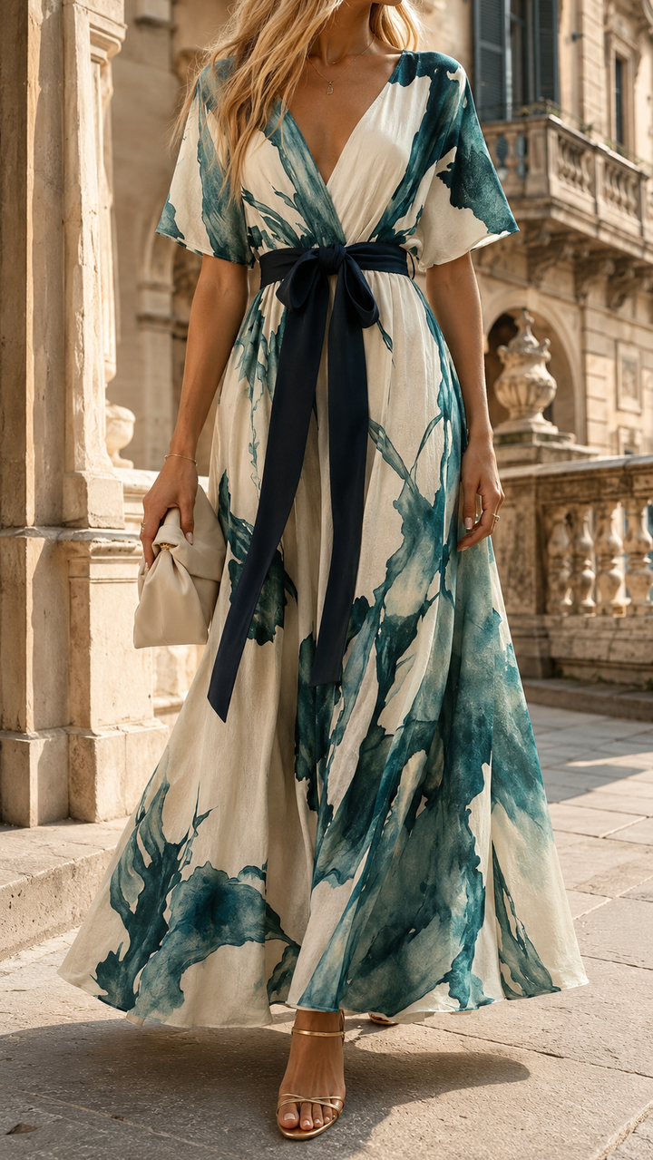 Elegant printed wrap maxi dress for women, perfect for races, parties & summer events.