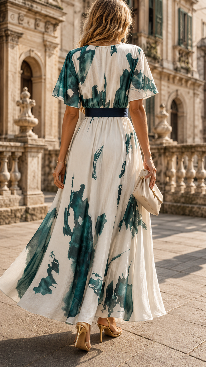 Women's stylish printed V-neck long maxi dress, ideal for garden parties & elegant occasions.