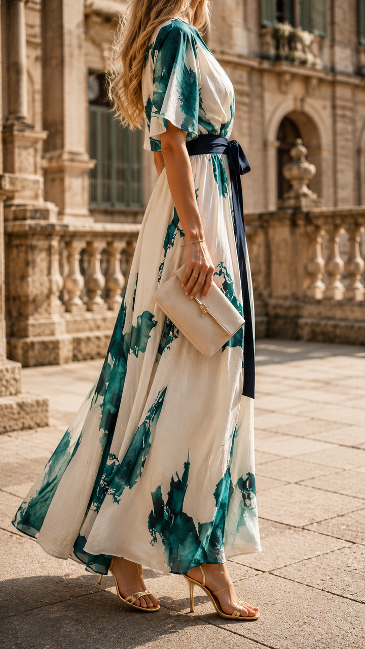 Chic women's printed wrap maxi dress, a fashionable choice for races, summer parties & events.