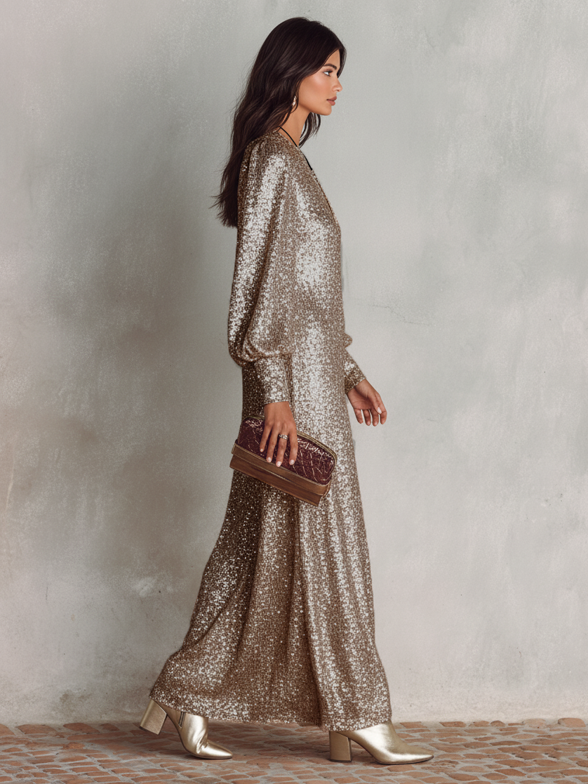 Relaxed fit shimmer maxi dress with all-over sequins and a flattering V-neckline.