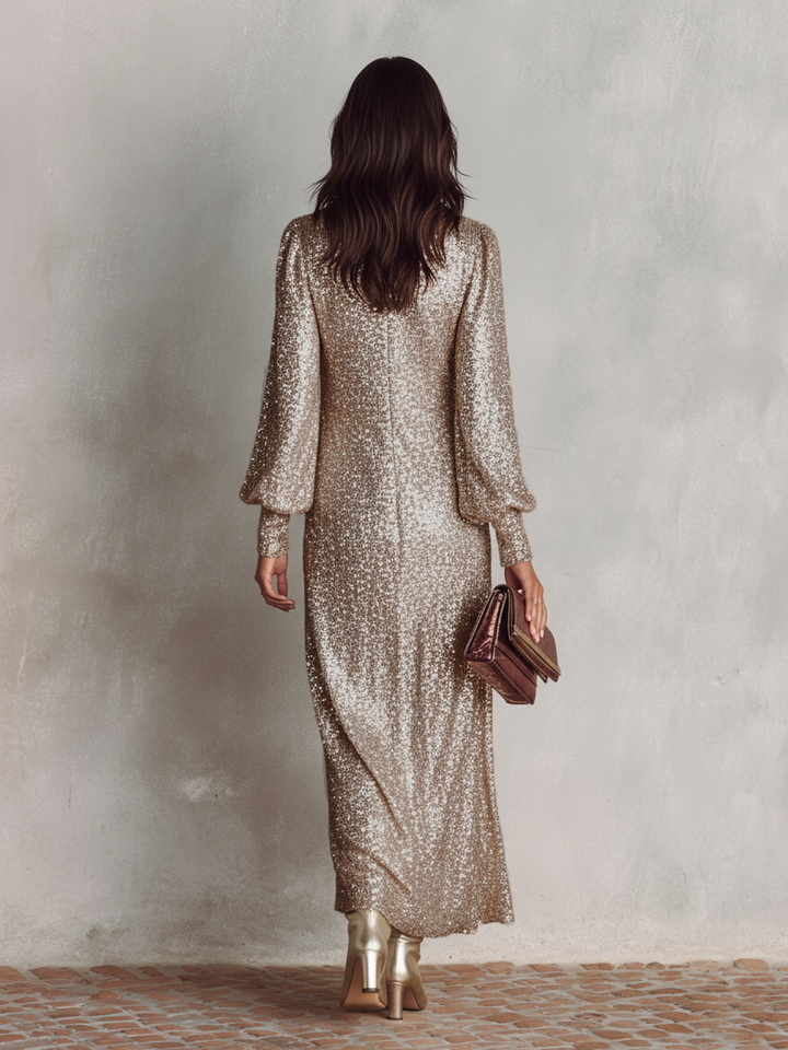 Dazzling shimmer maxi sequin dress, a glamorous V-neck choice for any special occasion.