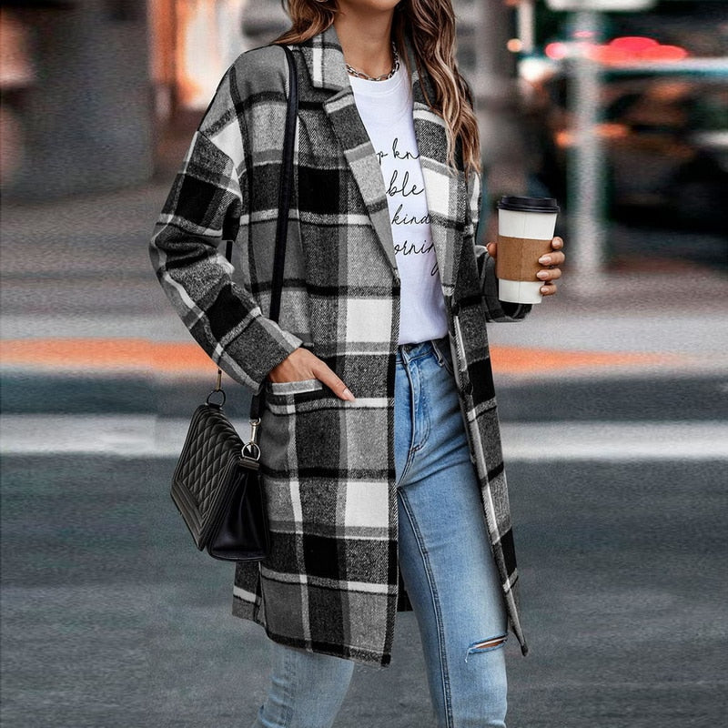 Stylish red plaid women's jacket, a trendy and cozy piece for everyday fall wear.