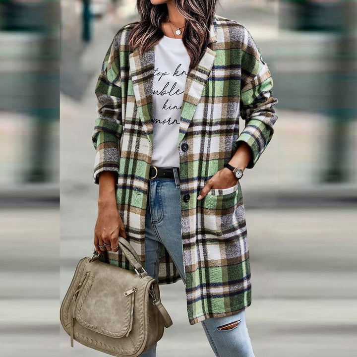 Trendy coffee plaid women's jacket, offering stylish and cozy comfort for fall fashion.