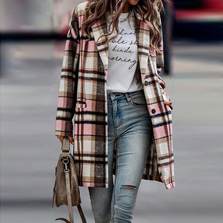 Versatile women's plaid jacket in a chic design, perfect comfortable fall outerwear.