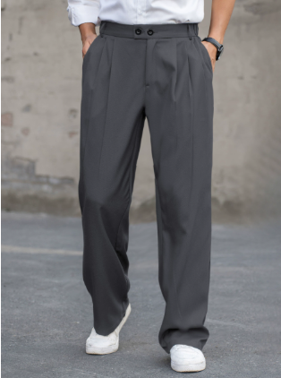 Navy men's wide-leg pleated dress pants, high-waisted for a modern look, perfect for versatile formal wear.