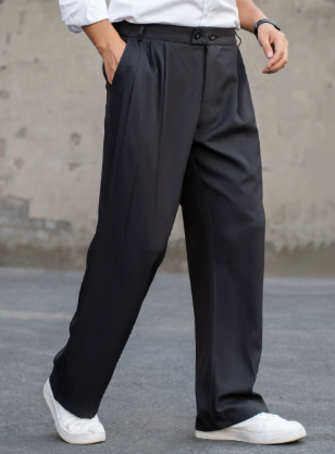 Gray men's pleated dress trousers; comfortable, high-waisted, & wide-leg for modern office & formal fashion.