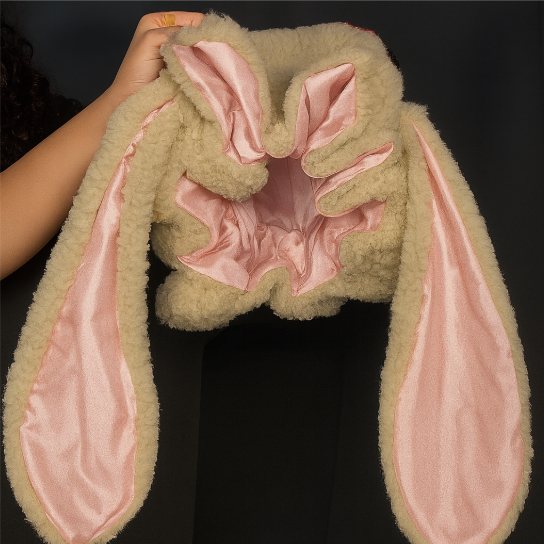 Cozy white bunny bonnet, soft women's hat perfect for cold weather.