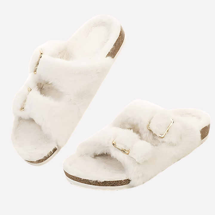 Plush open-toe women's slippers for ultimate indoor & outdoor comfort. Slide-on casual footwear.