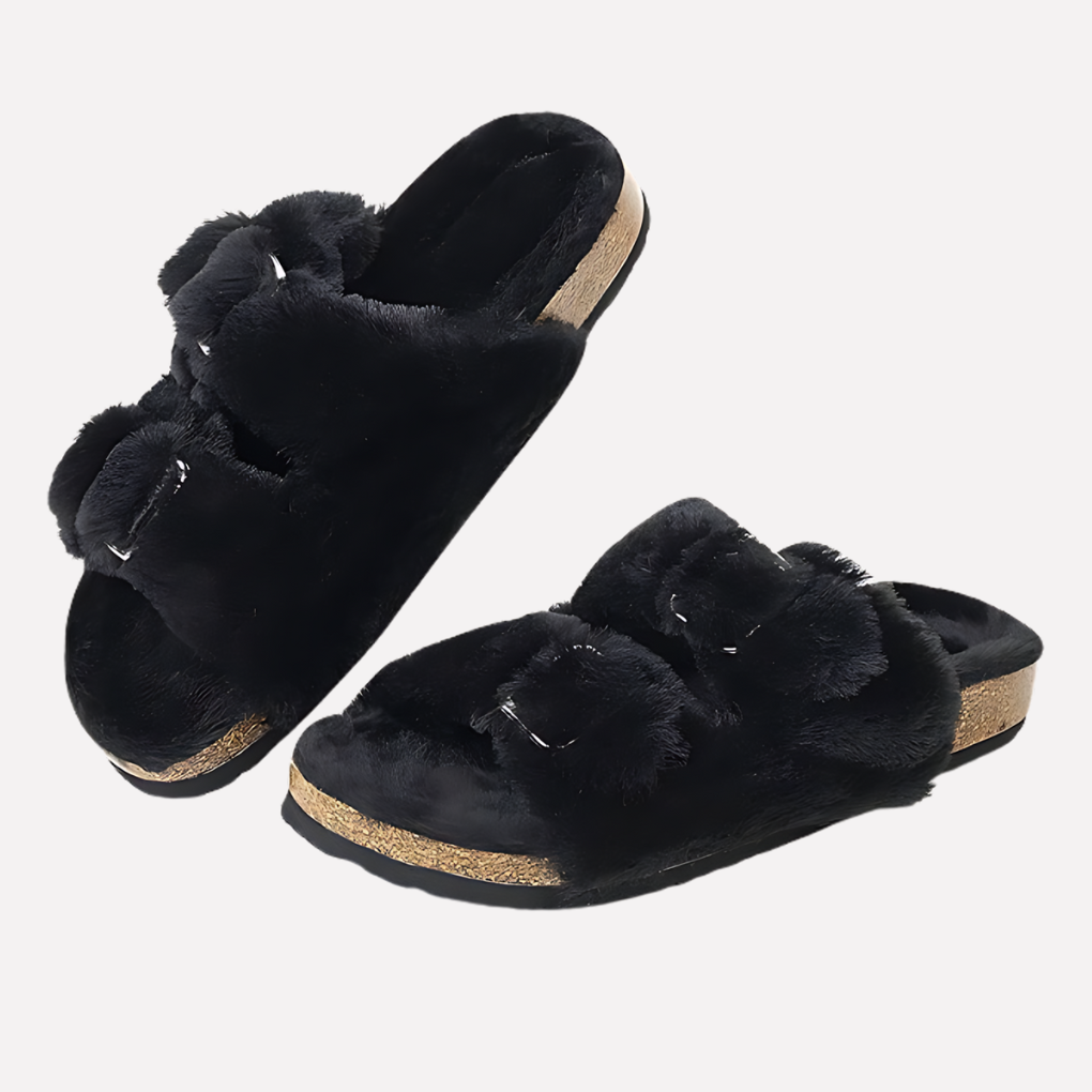 Durable women's open-toe plush slippers, designed for comfortable indoor & outdoor home use.