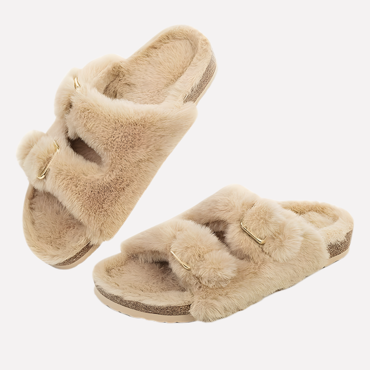 Lightweight open-toe plush slippers for women, ideal for comfortable indoor and outdoor relaxed wear.