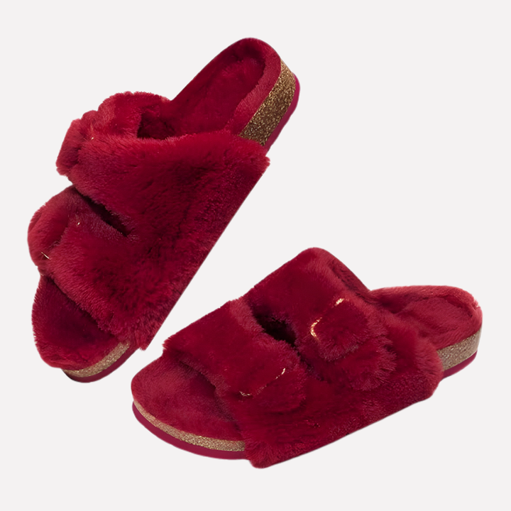 Practical open-toe women's plush slippers, easy slide-on style for indoor and outdoor casual convenience.