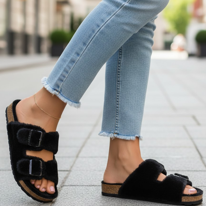 Women's fluffy open-toe slide slippers for indoor warmth & light outdoor casual footwear.