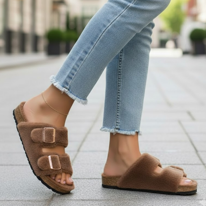 Stylish open-toe women's plush slippers; ideal slide-on footwear for indoor and outdoor relaxation.