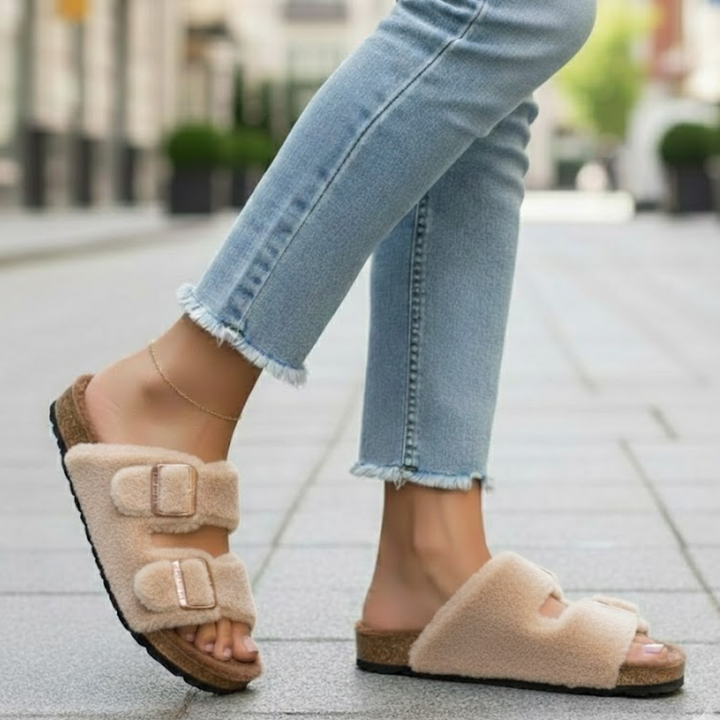 Comfortable women's open-toe slippers with plush design for cozy indoor & versatile outdoor wear.