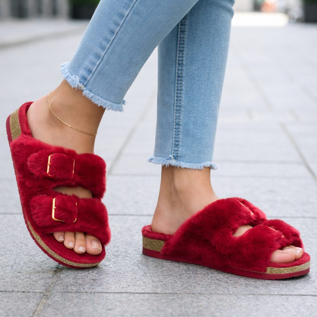 Slide-on open-toe plush slippers for women, providing all-day comfort for indoor & outdoor activities.