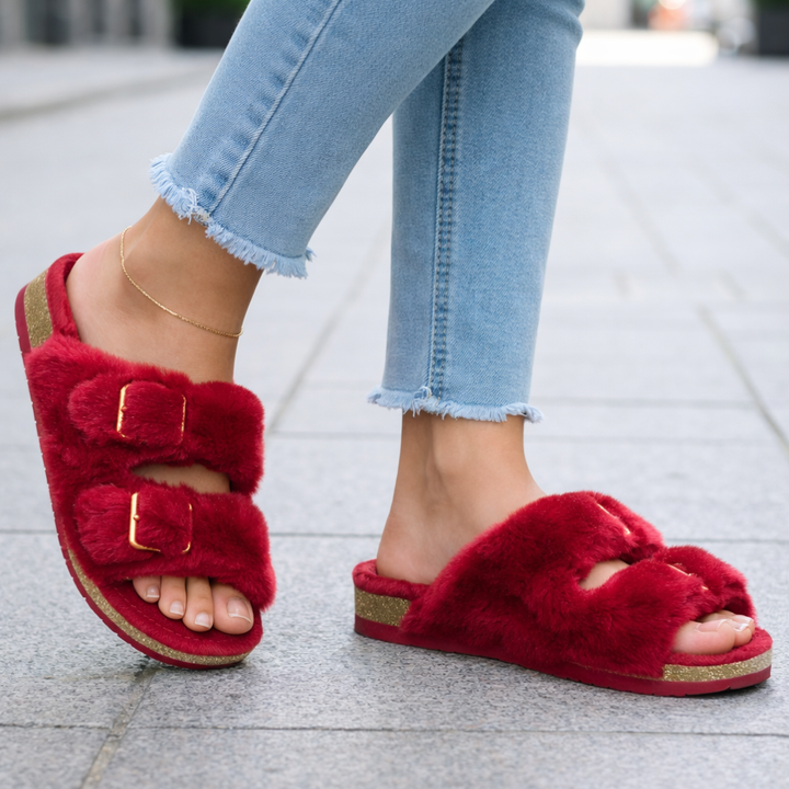Slide-on open-toe plush slippers for women, providing all-day comfort for indoor & outdoor activities.