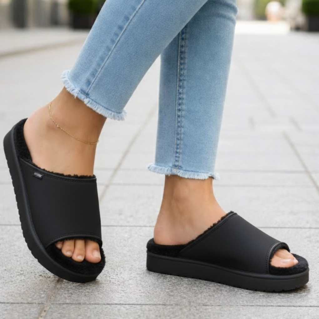 Luxurious open-toe women's plush slippers, perfect cozy footwear for ultimate indoor & outdoor comfort.