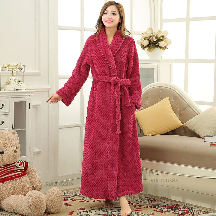 Women's cozy comfort bathrobe, thick plush fabric for loungewear.
