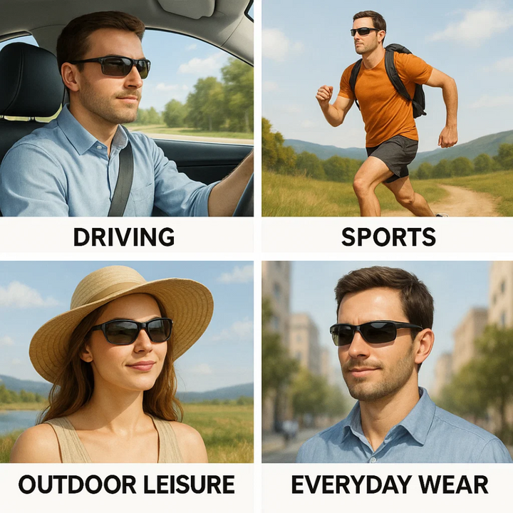 Durable unisex polarized photochromic sunglasses, designed for driving & outdoor sports, enhancing visual clarity.