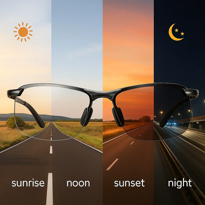 Versatile unisex sunglasses with polarized photochromic lenses, ideal for changing light, protective outdoor eyewear.