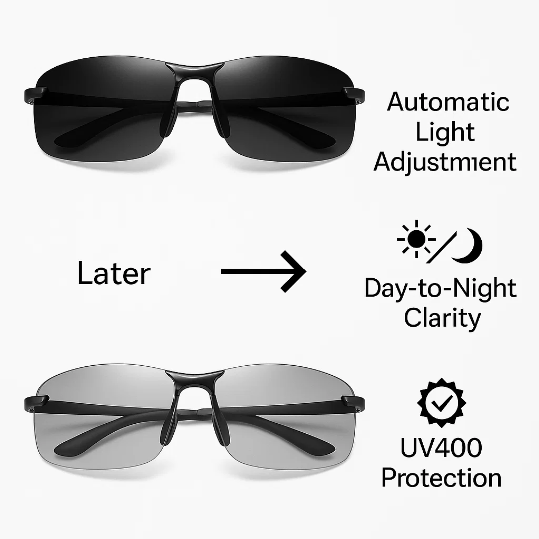 Unisex photochromic polarized sunglasses, automatically adjusting lenses provide optimal vision for all light & activities.