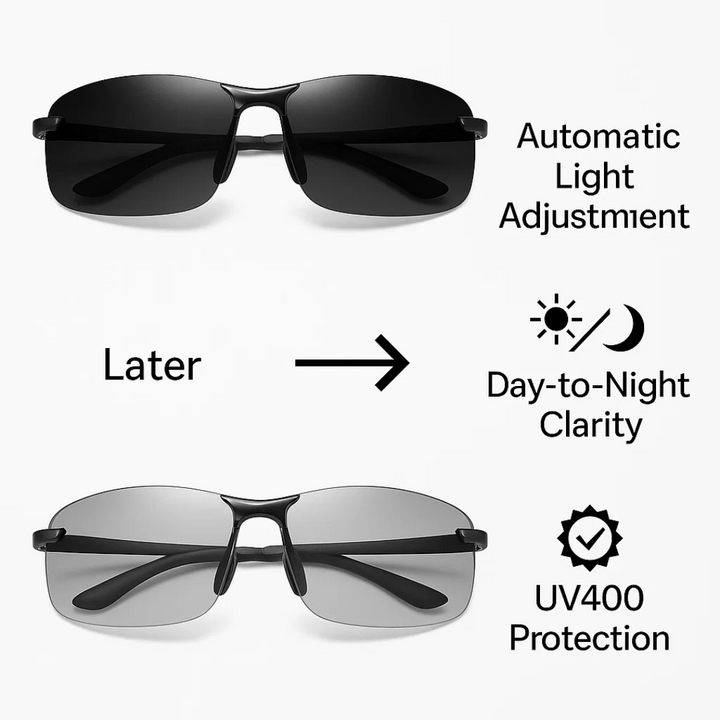 Unisex photochromic polarized sunglasses, automatically adjusting lenses provide optimal vision for all light & activities.