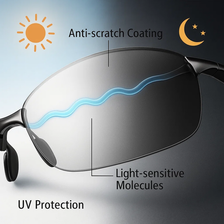 Fashion-forward unisex eyewear featuring polarized photochromic lenses for comfortable, protective vision in varying light.