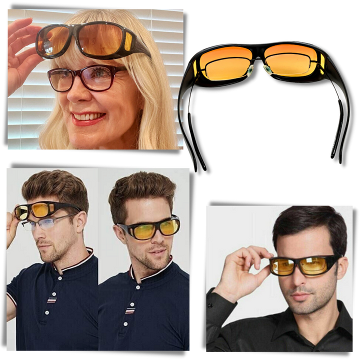 Close-up of anti-glare night glasses, GlareCut technology ensuring safe and improved low light driving vision.