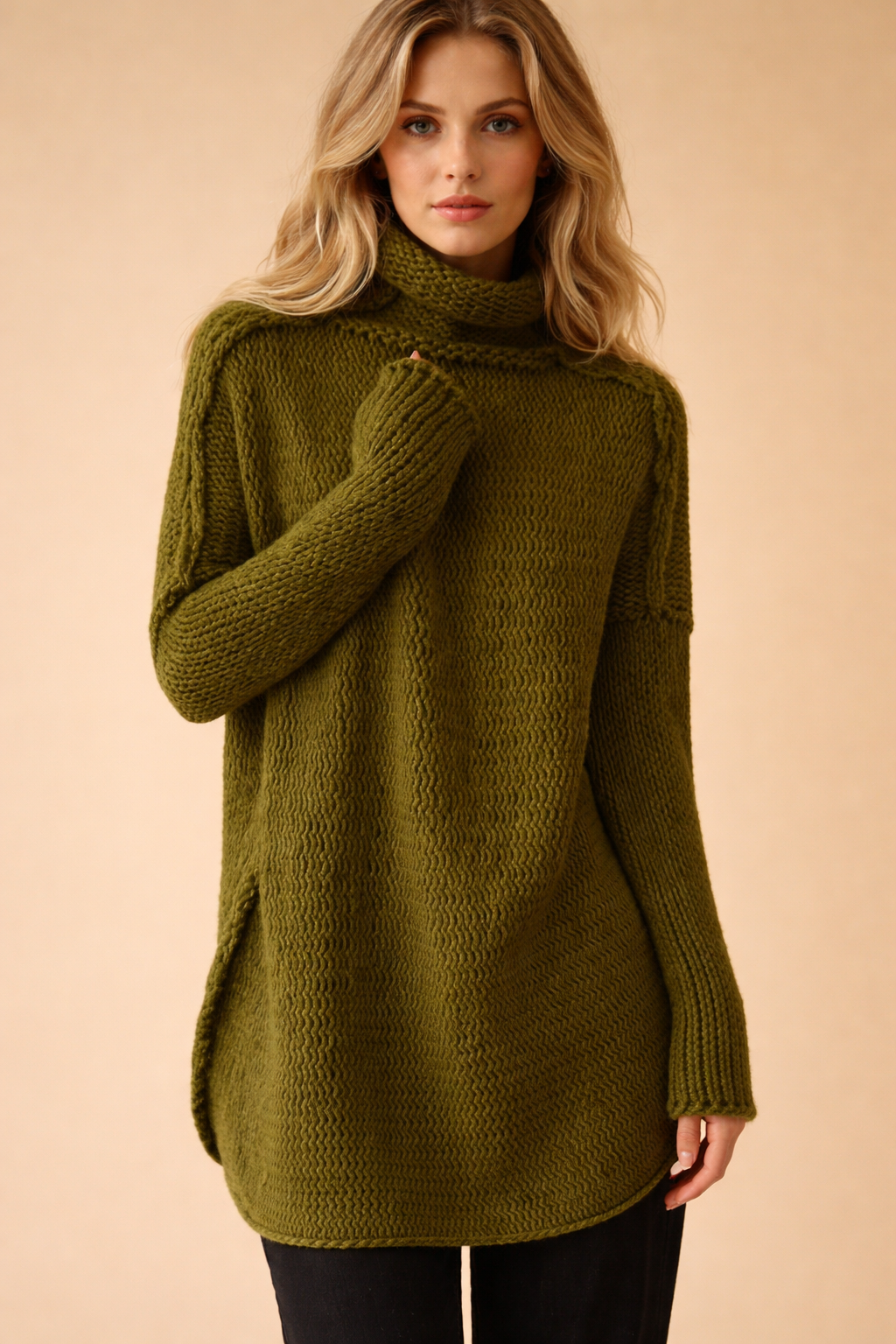 Comfortable women's long sleeve loose fit turtleneck sweater, ideal for casual layering in winter.