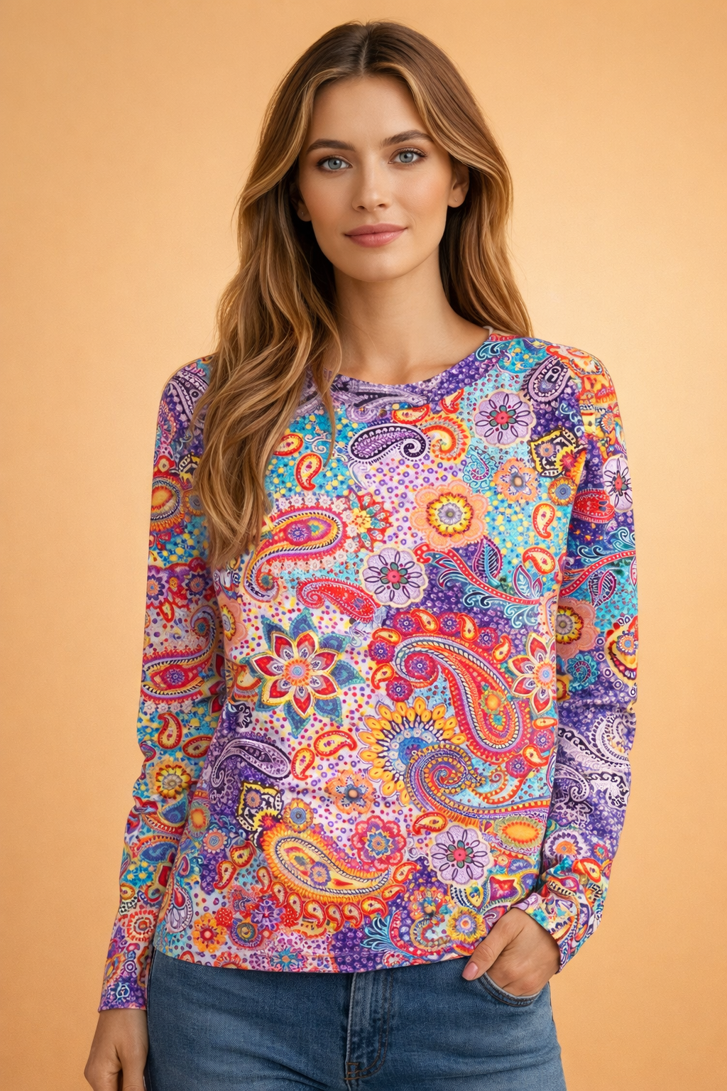 Women's elegant paisley print long sleeve pullover sweater, perfect for stylish fall and winter fashion.