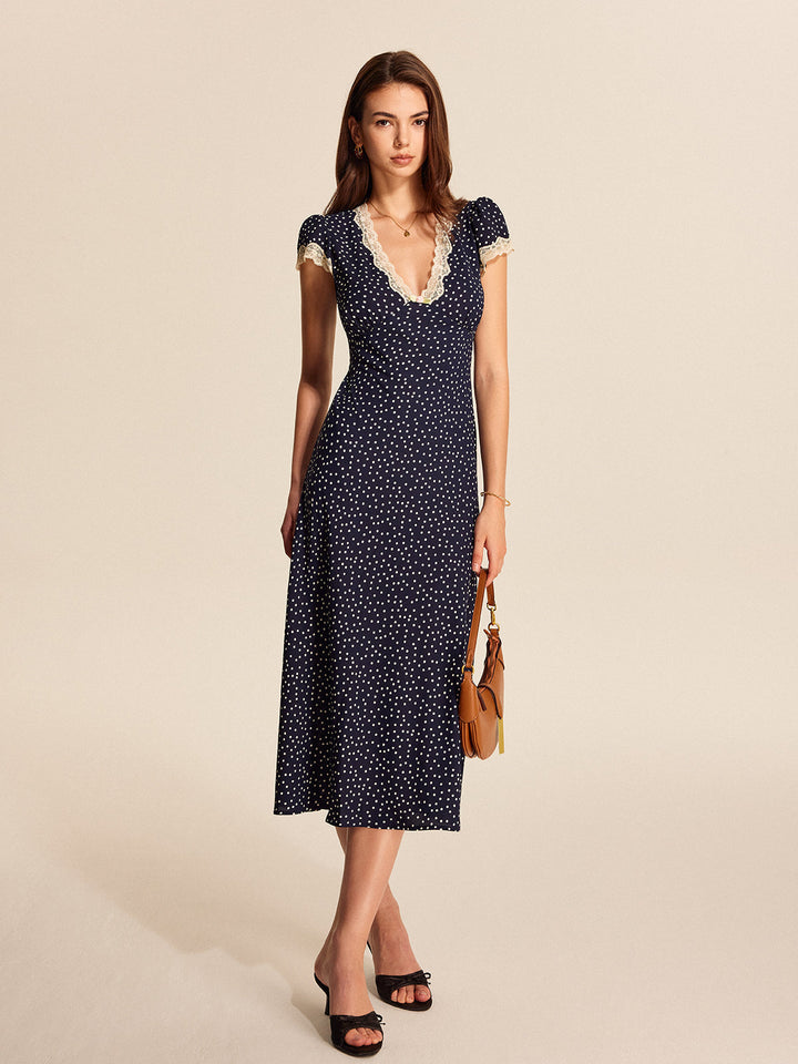 Women's Polka Dot Midi Dress with Lace Trim & Cap Sleeves