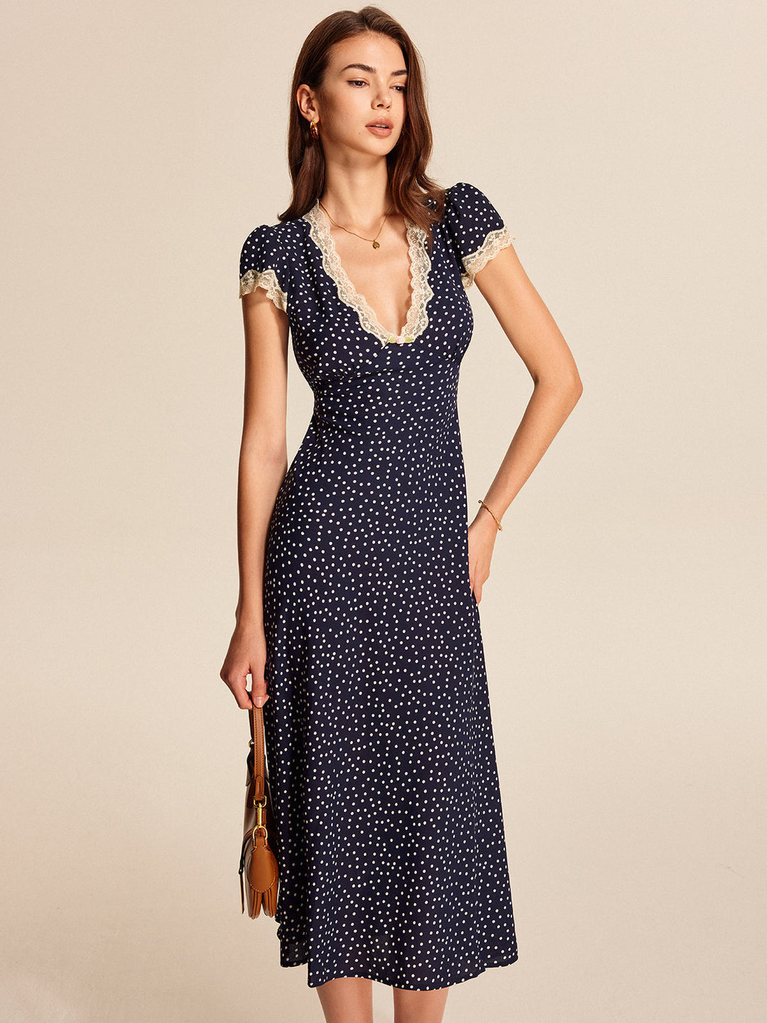 Women's Polka Dot Midi Dress with Lace Trim & Cap Sleeves