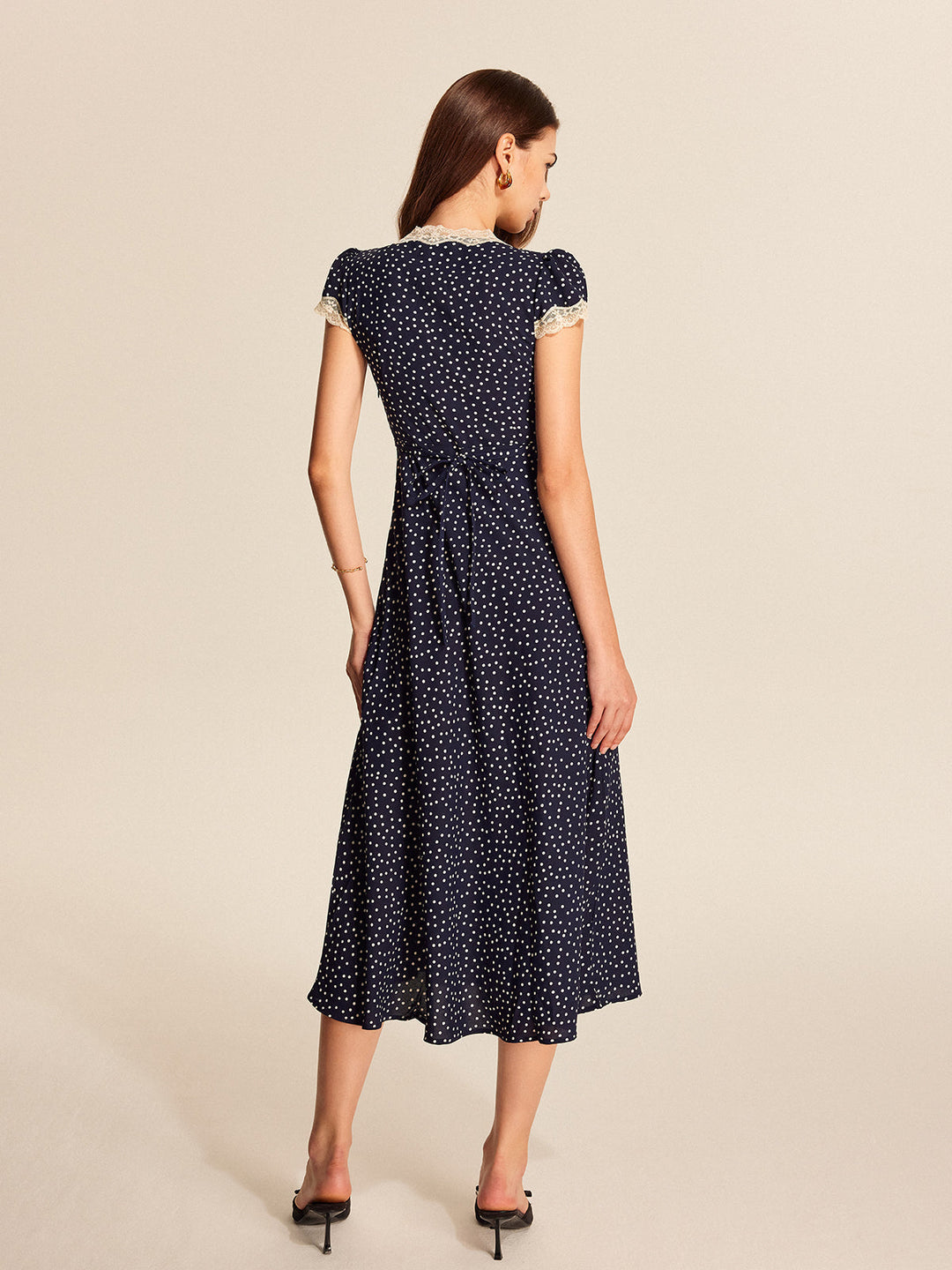 Women's Polka Dot Midi Dress with Lace Trim & Cap Sleeves
