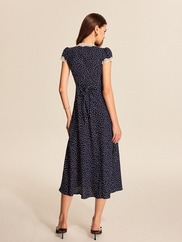 Women's Polka Dot Midi Dress with Lace Trim & Cap Sleeves