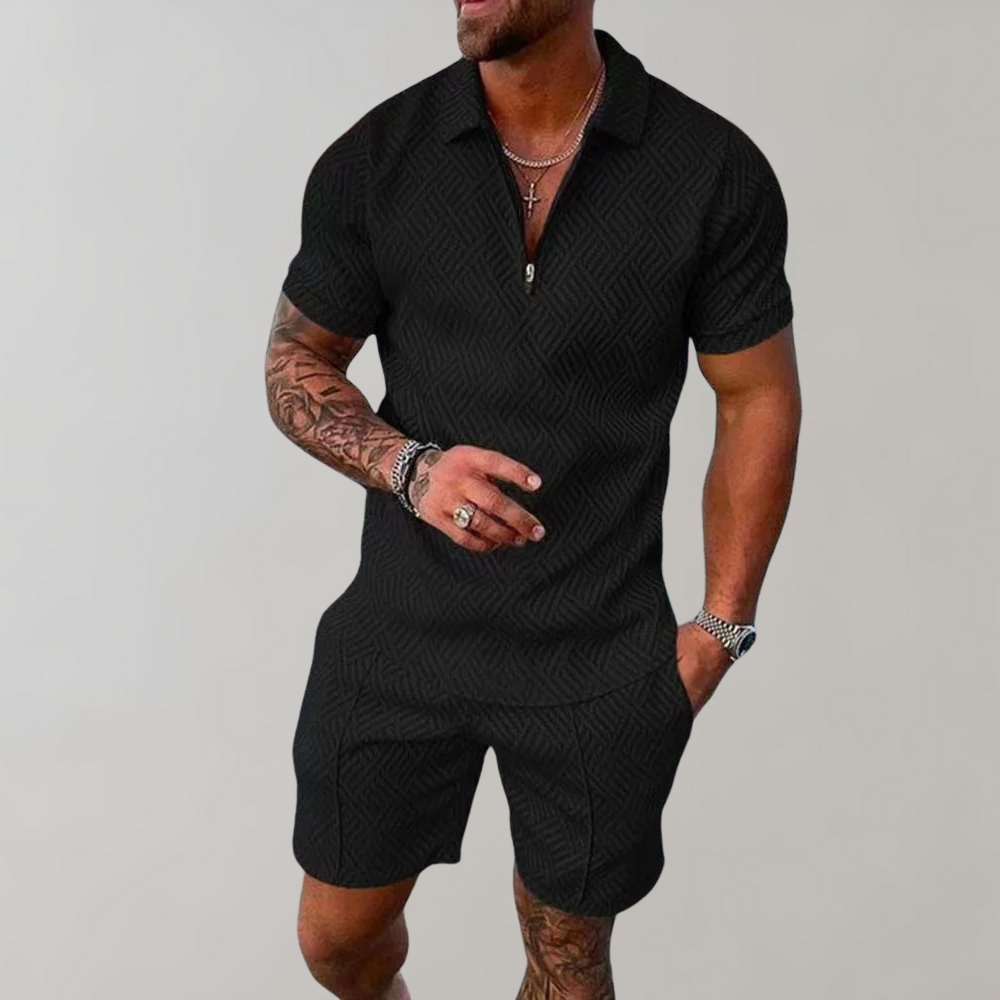 Men's stylish polo and shorts summer outfit in navy, perfect for warm weather casual wear or relaxed smart casual events.