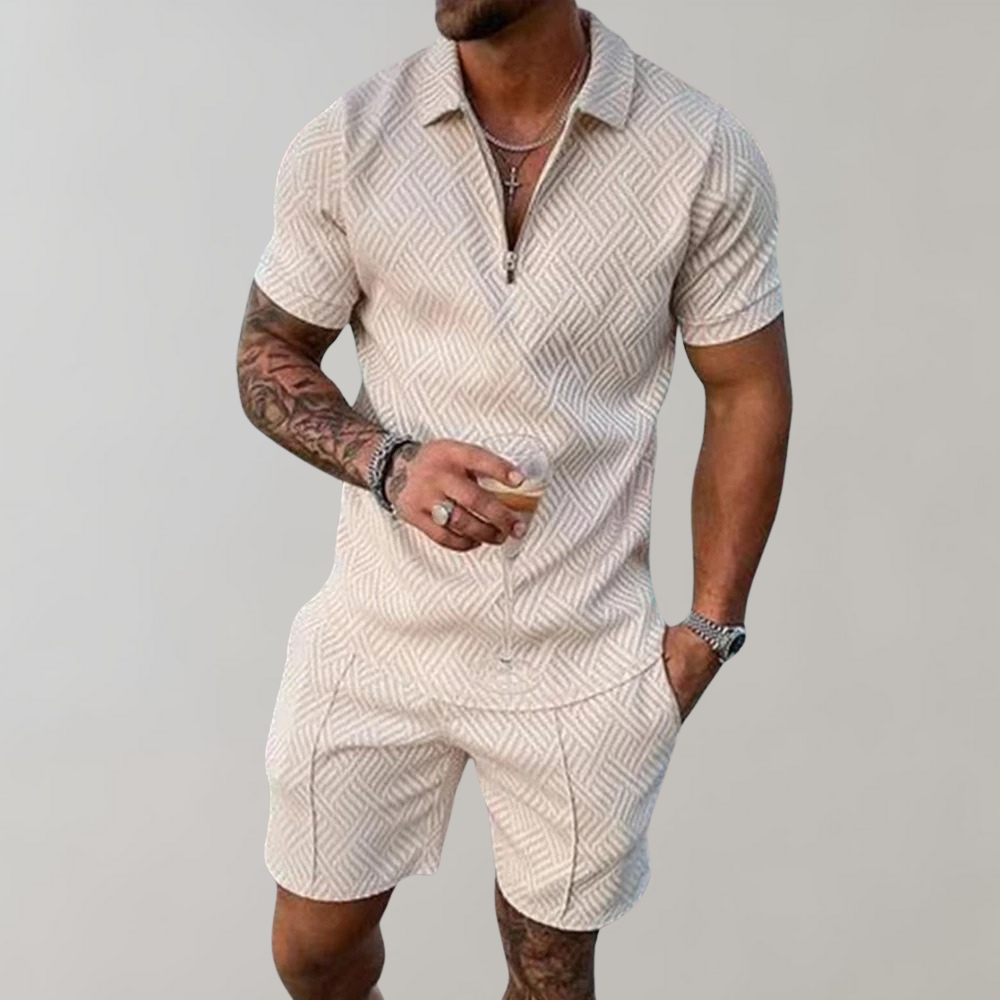 Comfortable beige men's shorts, part of a two-piece summer outfit, suitable for casual wear and warm weather relaxation.