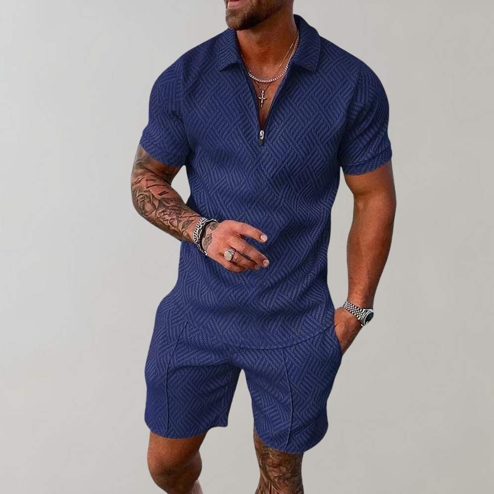 Man wearing a smart casual men's polo and shorts fashion set, enjoying a relaxed summer day, ideal for warm weather.