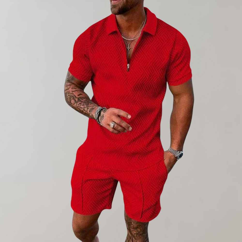 Breathable fabric men's polo and shorts two-piece summer outfit, designed for ultimate comfort and relaxed style menswear.