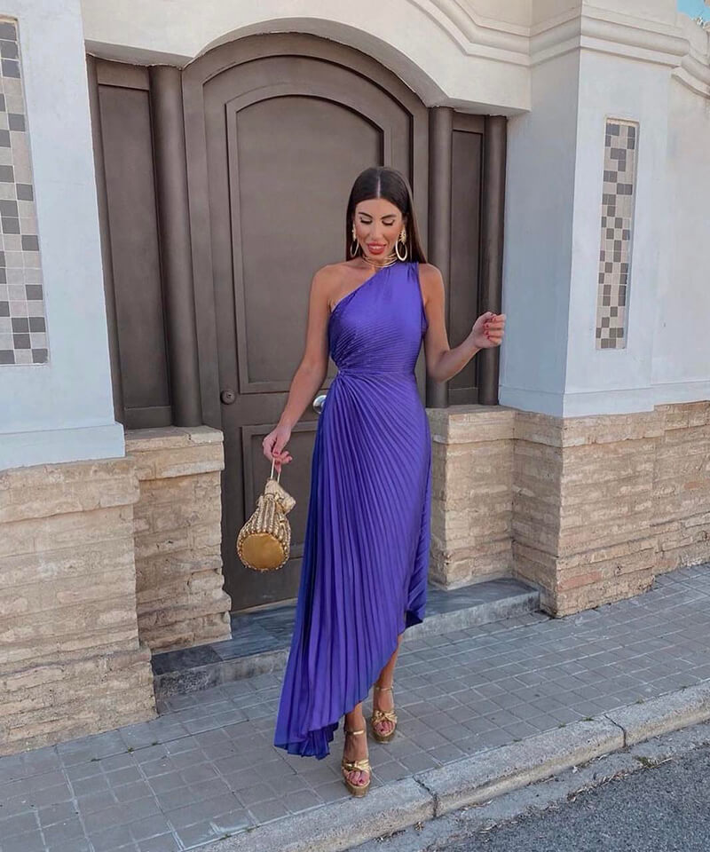 Elegant women's one-shoulder pleated maxi dress, perfect for wedding guests, races day, or formal evening wear.