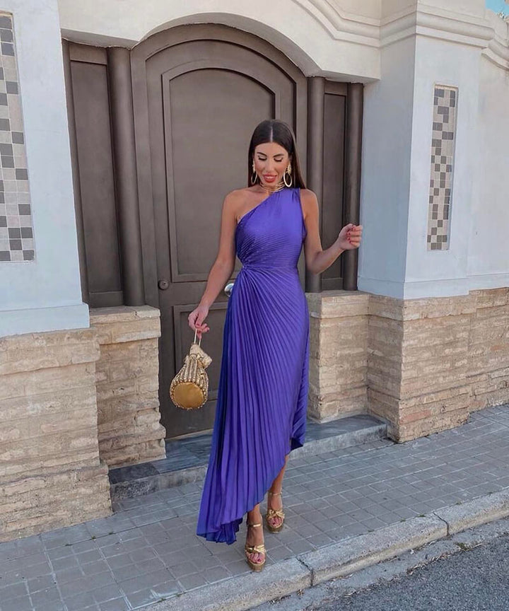 Elegant women's one-shoulder pleated maxi dress, perfect for wedding guests, races day, or formal evening wear.