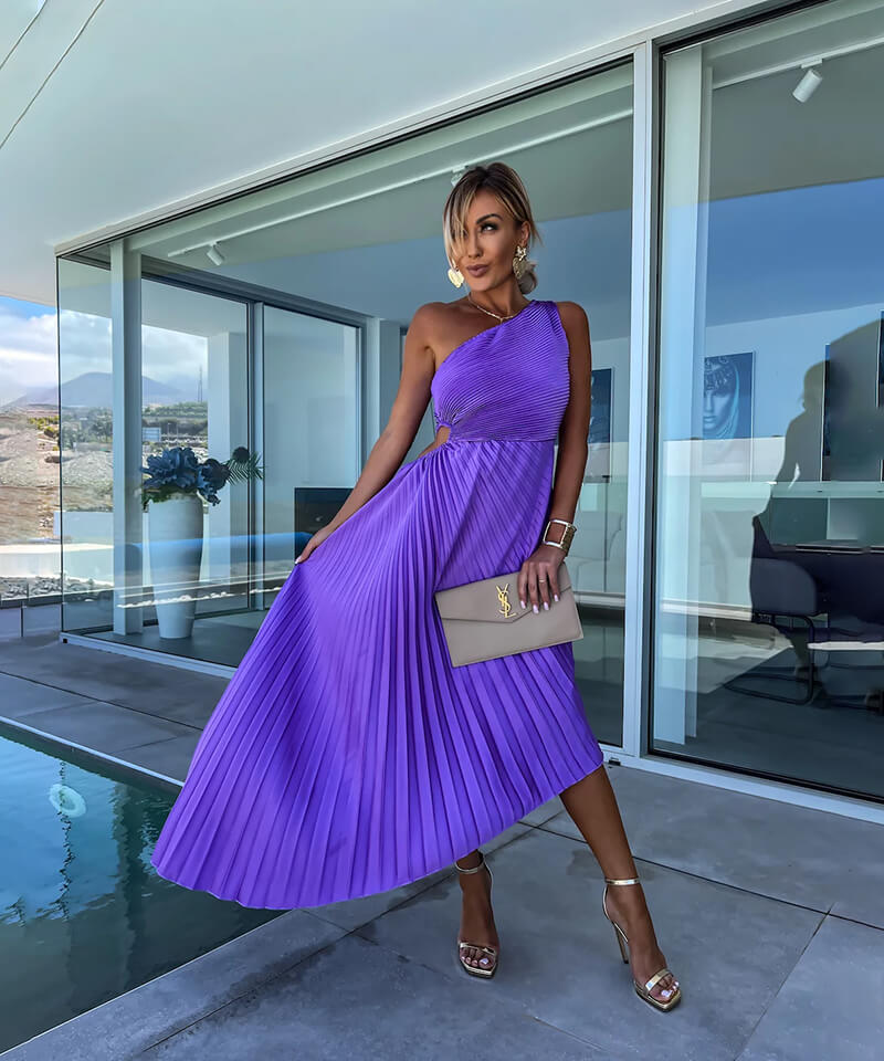 Formal one-shoulder maxi dress for women, featuring elegant pleats, ideal for cocktail parties & special occasions.